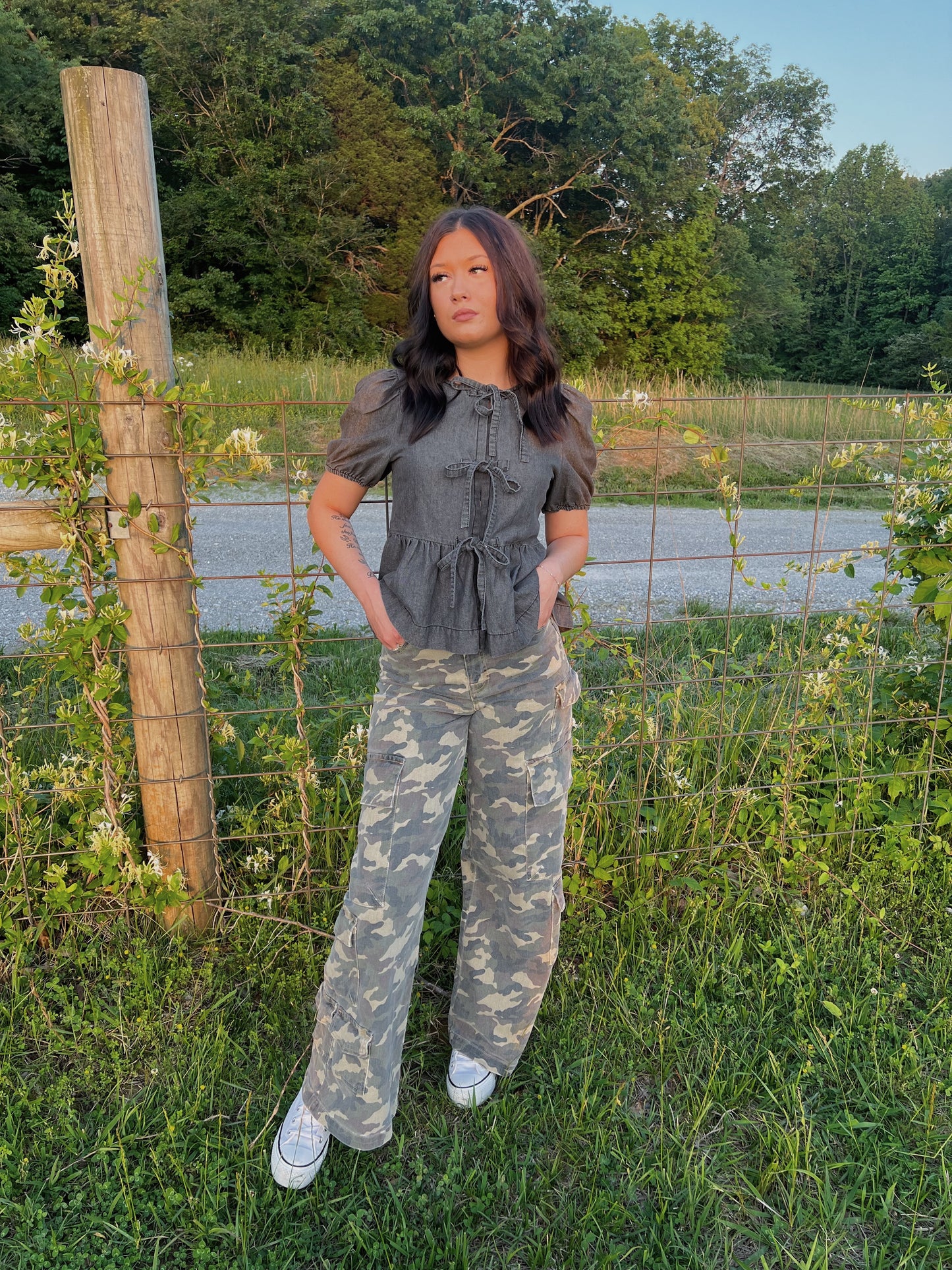 charcoal denim bow top
