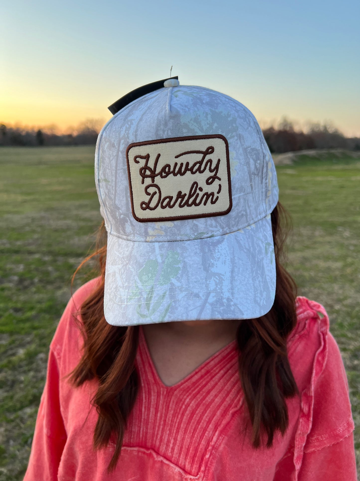 Howdy darlin light camo trucker