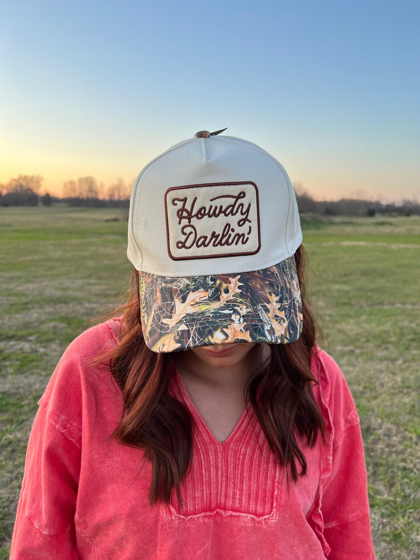 Howdy darlin tan+camo trucker